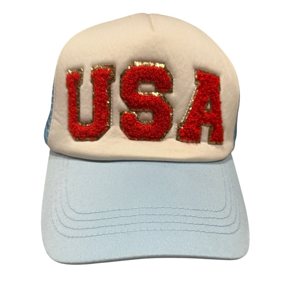 USA Patriotic Trucker Hat Light Blue White Mesh Snapback Chenille Patch Cap